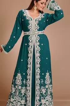 Green Zari Work Stones & Beads Embellish Georgette  Islamic Style Arabian Maxi Partywear Kaftan