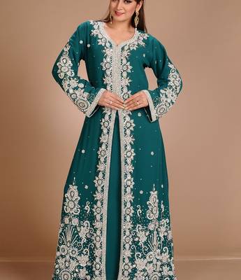 Green Zari Work Stones & Beads Embellish Georgette  Islamic Style Arabian Maxi Partywear Kaftan 4