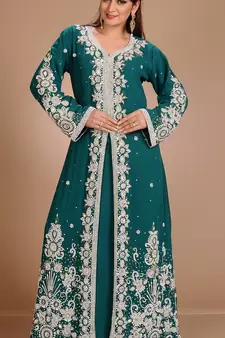 Green Zari Work Stones & Beads Embellish Georgette  Islamic Style Arabian Maxi Partywear Kaftan