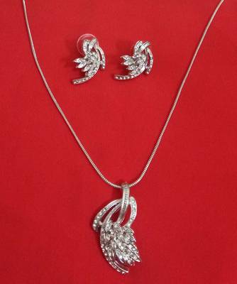 RozMili latest Designer American Diamond silver pendant set with earrings for women and  Girls 1