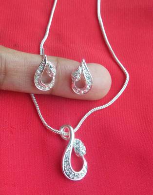 RozMili latest Designer American Diamond silver pendant set with earrings for women and  Girls 1