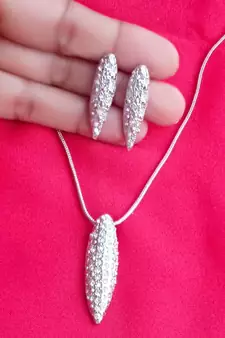 RozMili latest Designer American Diamond silver pendant set with earrings for women and  Girls