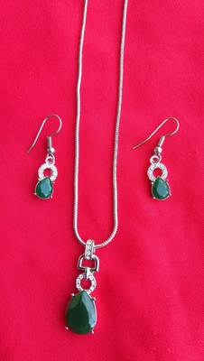 RozMili latest Designer American Diamond silver Green stone pendant set with earrings for women and  Girls 1