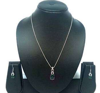 RozMili latest Designer American Diamond silver Green stone pendant set with earrings for women and  Girls 2