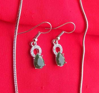 RozMili latest Designer American Diamond silver Green stone pendant set with earrings for women and  Girls 3