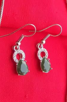 RozMili latest Designer American Diamond silver Green stone pendant set with earrings for women and  Girls