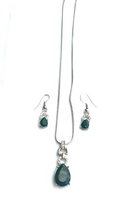 RozMili latest Designer American Diamond silver Green stone pendant set with earrings for women and  Girls 4