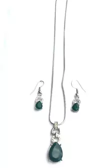 RozMili latest Designer American Diamond silver Green stone pendant set with earrings for women and  Girls