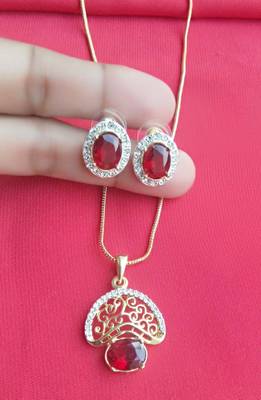 RozMili latest Designer American Diamond silver Red stone pendant set with earrings for women and  Girls 1