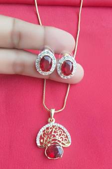 RozMili latest Designer American Diamond silver Red stone pendant set with earrings for women and  Girls