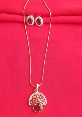 RozMili latest Designer American Diamond silver Red stone pendant set with earrings for women and  Girls 2