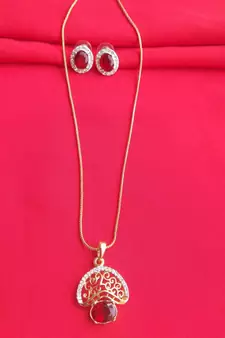 RozMili latest Designer American Diamond silver Red stone pendant set with earrings for women and  Girls