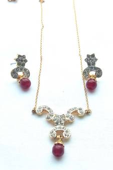 RozMili latest Designer American Diamond silver Red stone pendant set with earrings for women and  Girls