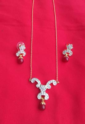 RozMili latest Designer American Diamond silver Red stone pendant set with earrings for women and  Girls 2