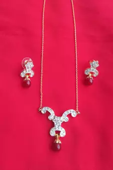 RozMili latest Designer American Diamond silver Red stone pendant set with earrings for women and  Girls