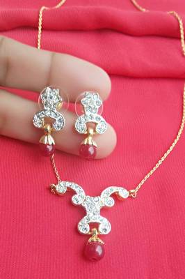 RozMili latest Designer American Diamond silver Red stone pendant set with earrings for women and  Girls 3