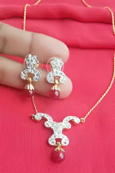 RozMili latest Designer American Diamond silver Red stone pendant set with earrings for women and  Girls
