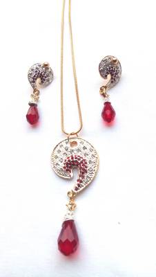 RozMili latest Designer American Diamond silver Red stone pendant set with earrings for women and  Girls 1