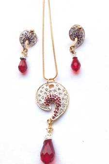 RozMili latest Designer American Diamond silver Red stone pendant set with earrings for women and  Girls
