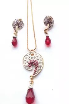 RozMili latest Designer American Diamond silver Red stone pendant set with earrings for women and  Girls