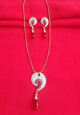 RozMili latest Designer American Diamond silver Red stone pendant set with earrings for women and  Girls 3