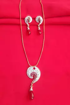 RozMili latest Designer American Diamond silver Red stone pendant set with earrings for women and  Girls