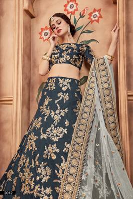 Green embroidered art silk semi stitched lehenga 4