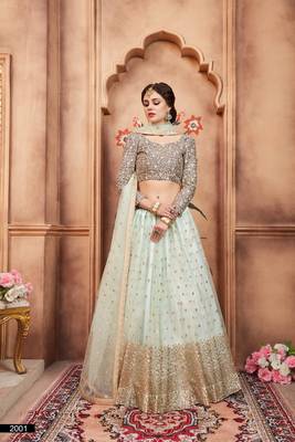 Sky blue embroidered net semi stitched lehenga 1