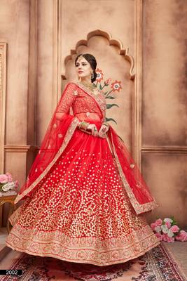 Red embroidered net semi stitched lehenga 1