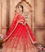 Red embroidered net semi stitched lehenga