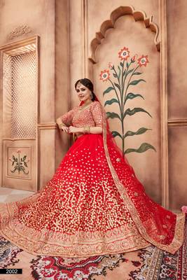 Red embroidered net semi stitched lehenga 3