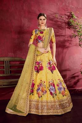Yellow embroidered silk semi stitched lehenga 1