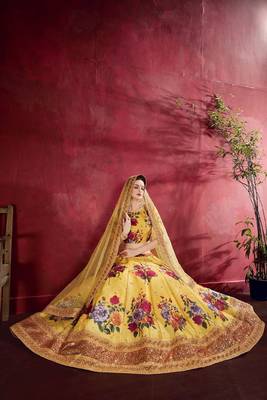 Yellow embroidered silk semi stitched lehenga 2