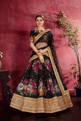 Black embroidered silk semi stitched lehenga 1