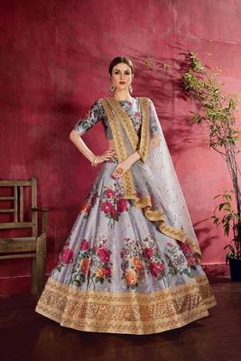 Grey embroidered silk semi stitched lehenga 1