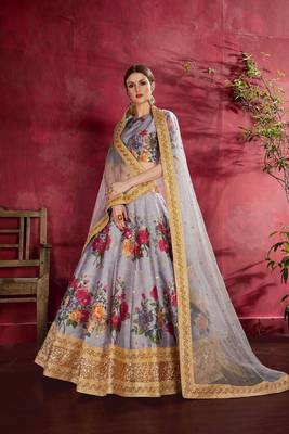Grey embroidered silk semi stitched lehenga 2