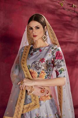 Grey embroidered silk semi stitched lehenga 3