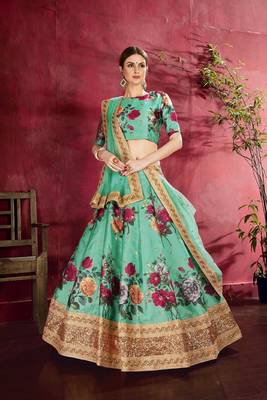 Green embroidered silk semi stitched lehenga 1