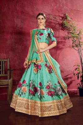 Green embroidered silk semi stitched lehenga 2