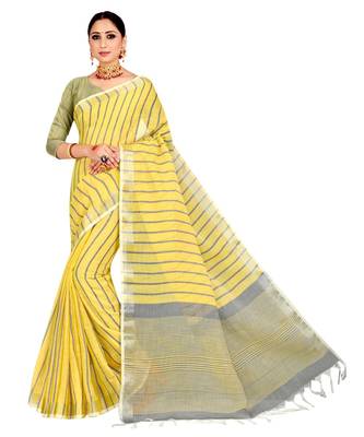 Yellow woven linen saree with blouse 1
