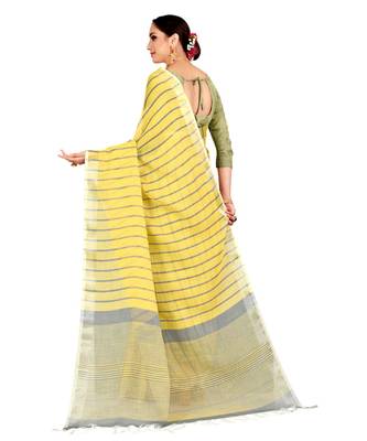 Yellow woven linen saree with blouse 2