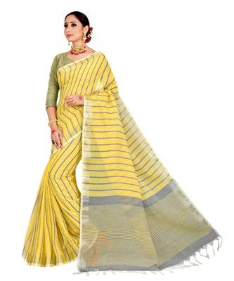 Yellow woven linen saree with blouse 3