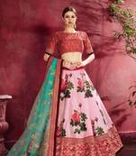 Peach embroidered silk semi stitched lehenga