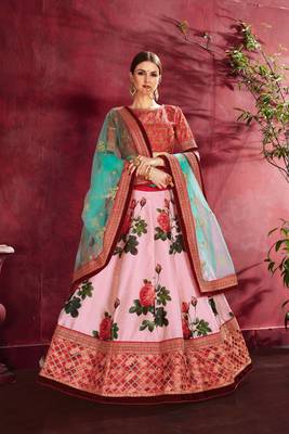Peach embroidered silk semi stitched lehenga 2