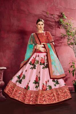 Peach embroidered silk semi stitched lehenga 3