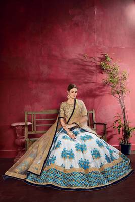 Beige embroidered silk semi stitched lehenga 2