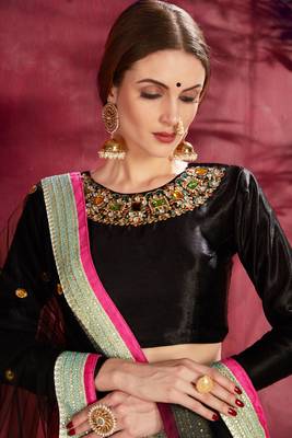 Black embroidered silk semi stitched lehenga 3