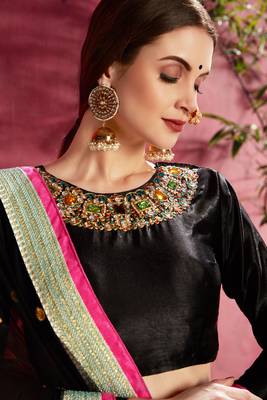 Black embroidered silk semi stitched lehenga 4