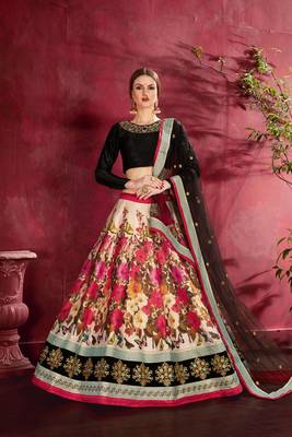 Black embroidered silk semi stitched lehenga 1