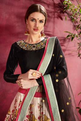 Black embroidered silk semi stitched lehenga 4